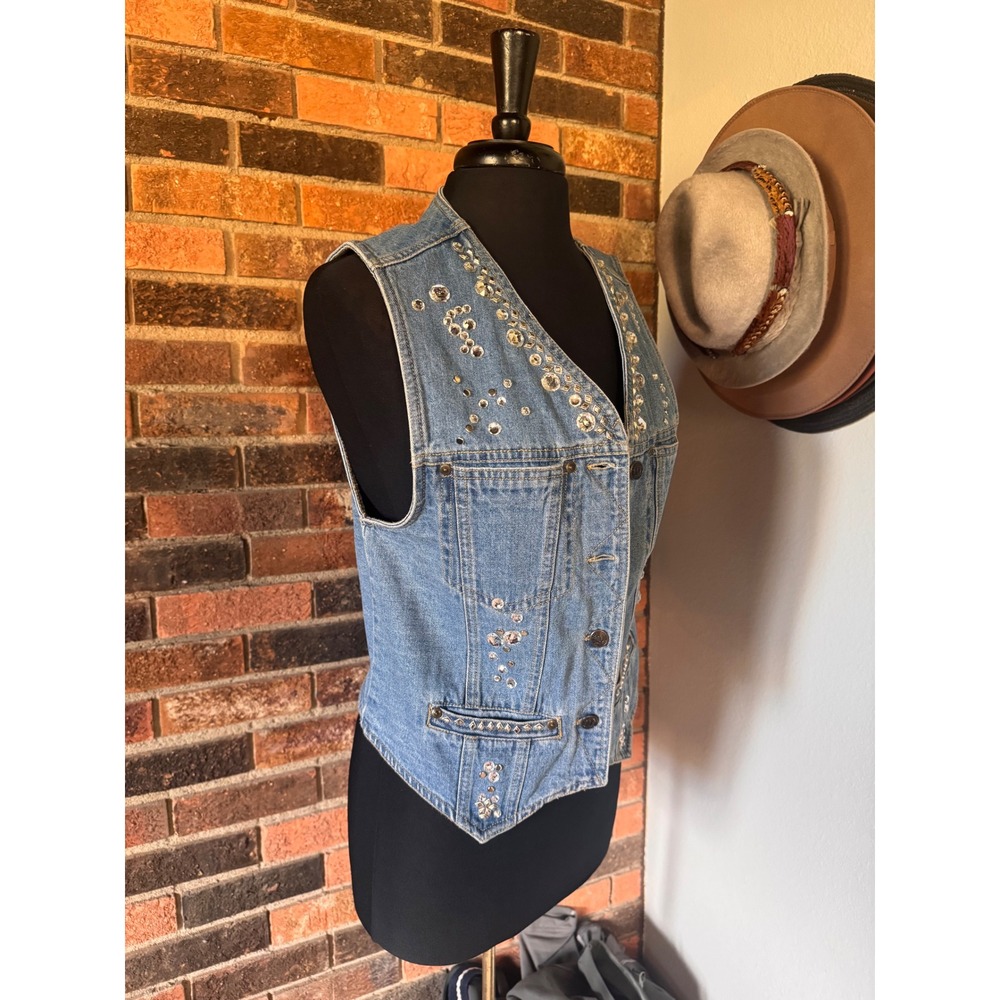 Solutions‎ Original Womens Blue Denim Rhinestone Studded Vest Light Wash Small